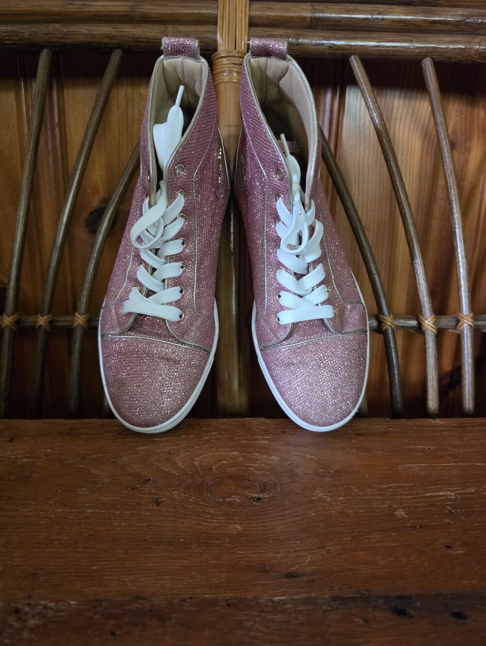 Christian Louboutin Sparkly Pink High Top Sneakers with Hot Pink Laces - Picture 3 of 16
